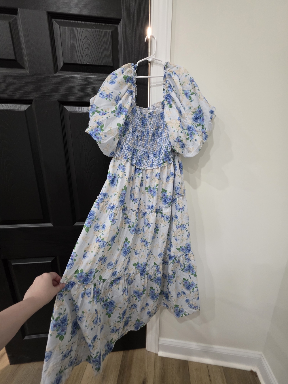 Blue Floral Smocked Womens Dress - Puff Sleeve